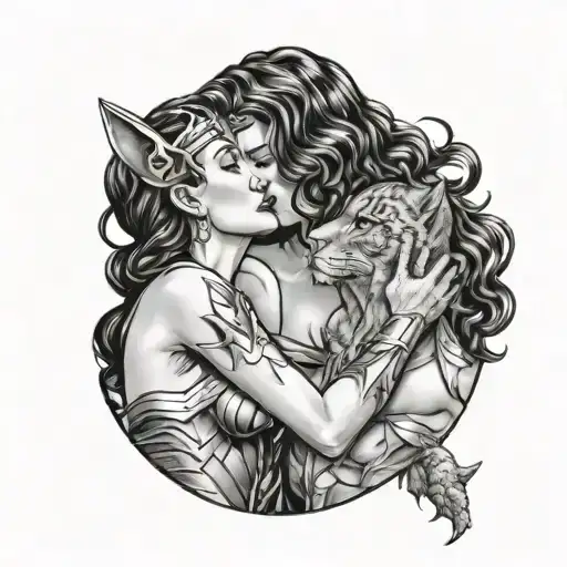 wonder woman and cat woman kissing each other on the lips passionately  tattoo design idea