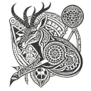  a Springbok with African patterns behind it with two spears and 4 world cup trophies  tattoo design idea