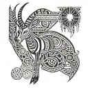  a Springbok with African patterns behind it with two spears and 4 world cup trophies  tattoo design idea