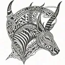  a Springbok with African patterns behind it with two spears and 4 world cup trophies  tattoo design idea