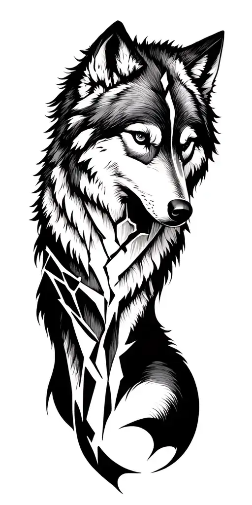 Strength, pain, broken glass heart, alone wolf tattoo design idea