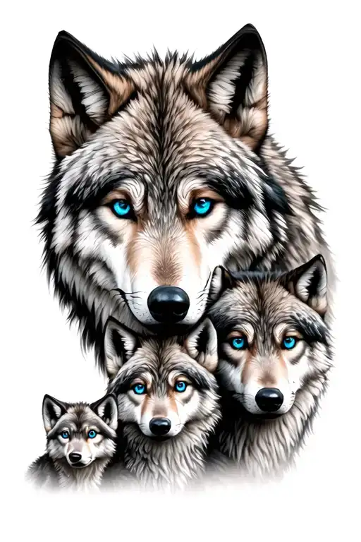wolf next to a she-wolf and below three little wolf cubs. Color black and white, eyes all blue tattoo design idea