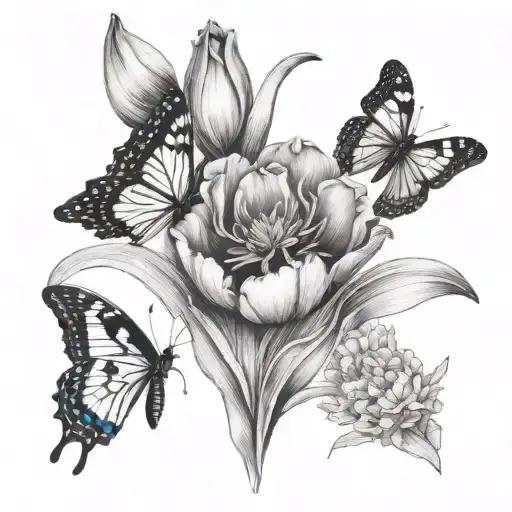tulip  and marigold with butterflies   tattoo design idea