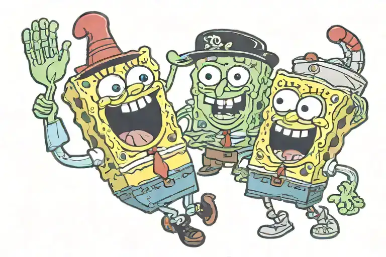 SpongeBob and Patrick with bulging bleeding eyeballs and missing limbs . tattoo design idea