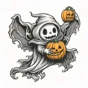 cute ghost holding pumpkin tattoo design idea