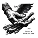 creation of Adam hands touching with Roman numerals of September 30 1966 above and January 11 2009 below tattoo design idea