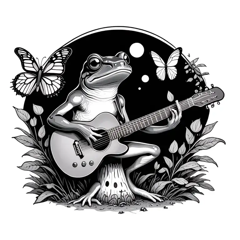 frog playing guitar with butterfly on a mushroom  tattoo design idea