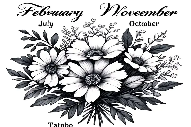 Bouquet of birth flowers of the month of February, July, October and November. tattoo design idea