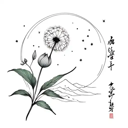 Dandelion,Lotus flower, Tiny mountain + wave line, Crescent moon with stars with my Chinese 莊丽絲 tattoo design idea