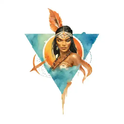 animated woman warrior with taino symbols and Dominican flag in the background  tattoo design idea