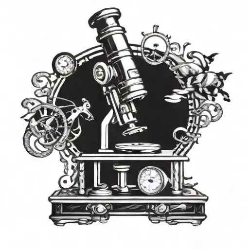 A stylized blackwork tattoo of a microscope surrounded by animal silhouettes tattoo design idea