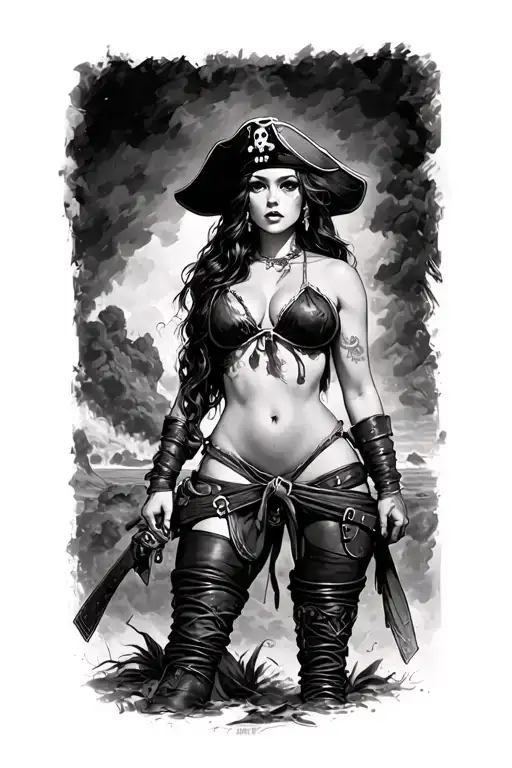 pirate woman with nice hips, small waist, large full exposed breasts, boots up to her knees facing forward tattoo design idea
