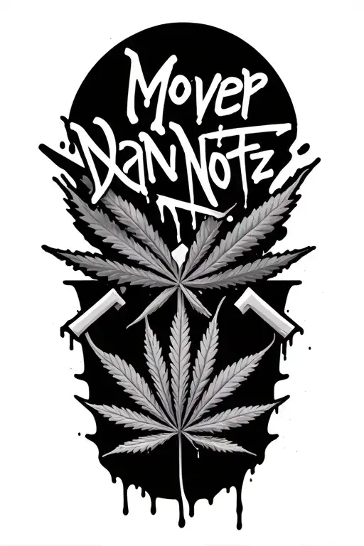 graffiti text ' "Mover Dan Nottz" ' with two crosses each side of Dan then a ganja leaf with blood dripping tattoo design idea