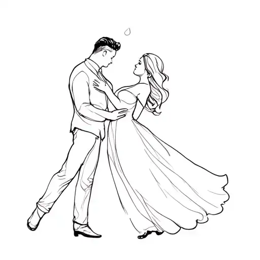 A silhouette of a couple dancing, very minimal, with a tiny teardrop as a subtle emotional accent tattoo design idea