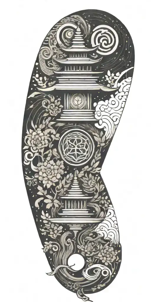 Blend Buddhist symbols, fine-line wood grain, anime elements, and subtle gaming symbols into a cohesive, flowing design tattoo design idea