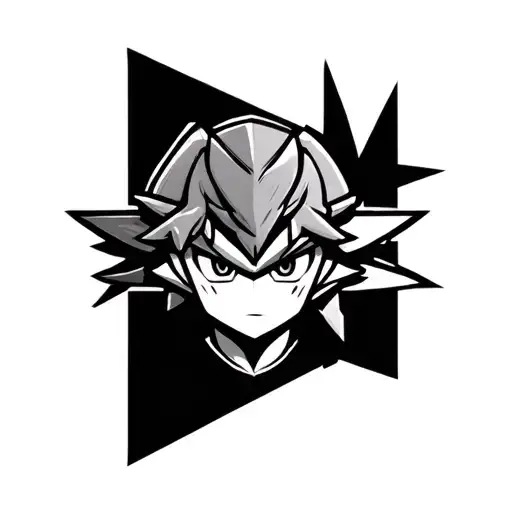 deku link from majoras mask with geometric shapes in background tattoo design idea