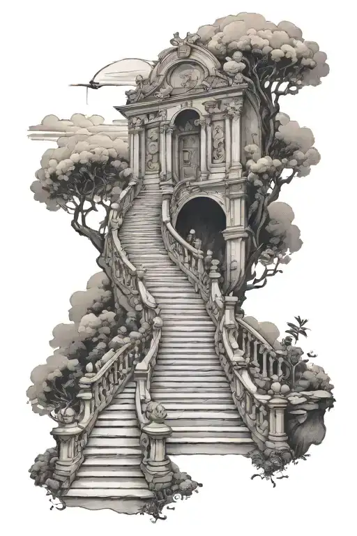 person walking up to stairs to heaven gates with shading around and a quote  tattoo design idea