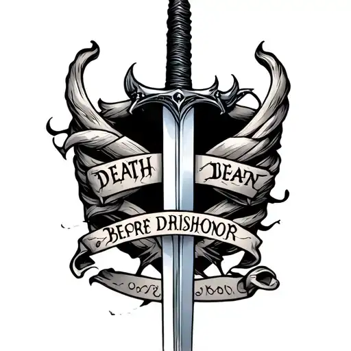 sword on ribs saying death before dishonor tattoo design idea