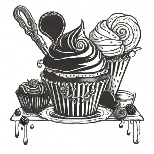 Incorporate a whimsical cupcake design with baking utensils and ingredients tattoo design idea
