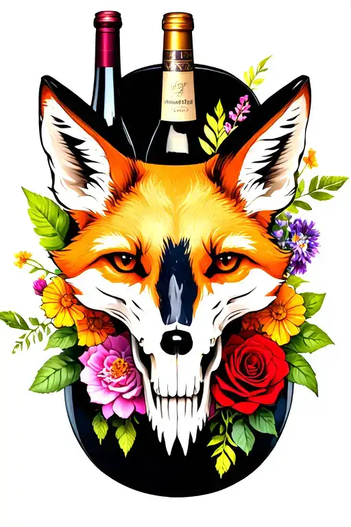 I want a fox skull with a wine bottle filled with wild flowers and the spirit of the fox in the background with a rose i tattoo design idea