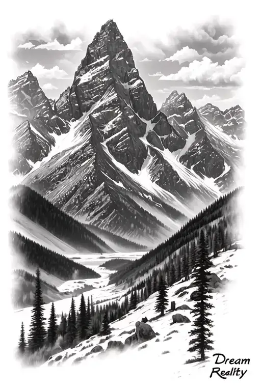 grand Teton mountain range dream to reality black and white tattoo design idea