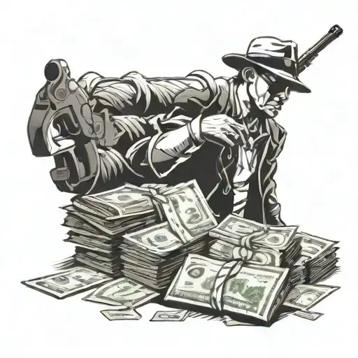 Blackwork silhouette of a gangster leaning on a pile of cash with guns in the background tattoo design idea