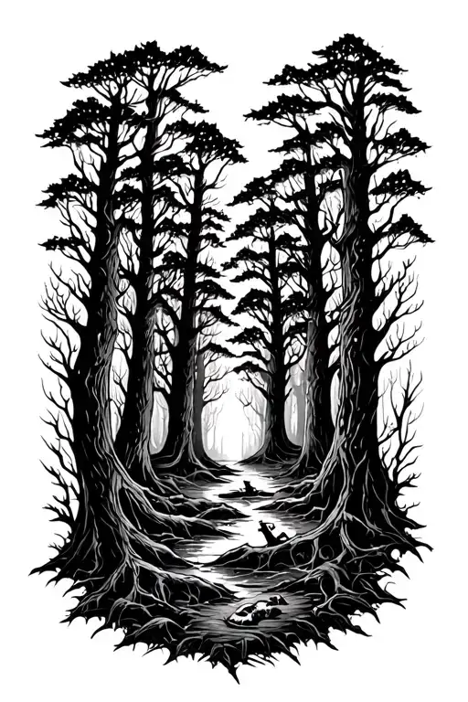 “A black-and-white forearm tattoo illustration of a sweet but eerie haunted forest. The design features many slender, tw tattoo design idea