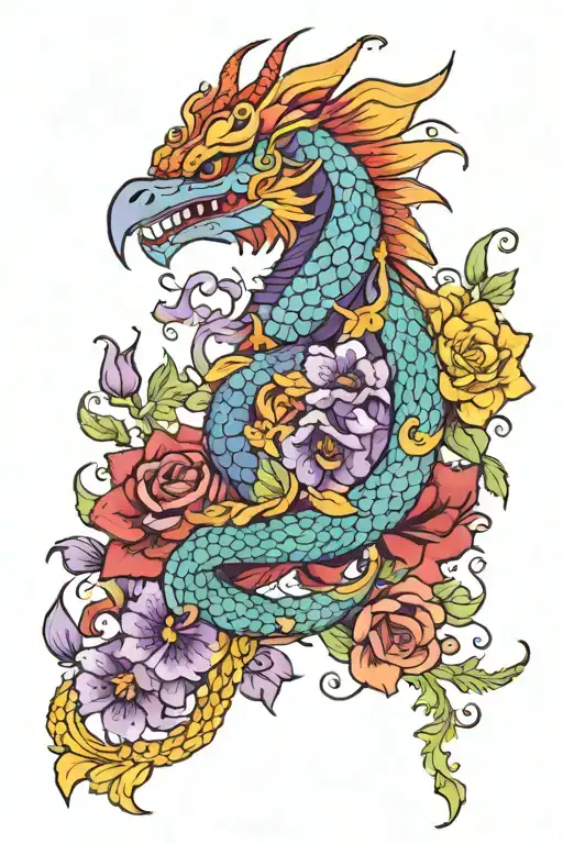 A red Quetzalcoatl dragon in the middle with two purple larkspur flowers, one red rose, one yellow primrose, one orange  tattoo design idea