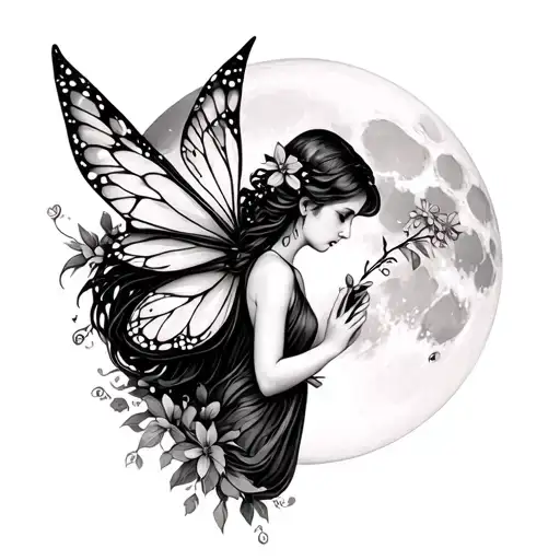 fairy holding flowers in front of the moon tattoo design idea
