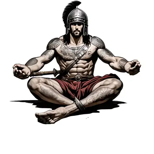 Roman warrior with his Spartan helmet, in uniform, sitting in the lotus position, with tattoos tattoo design idea