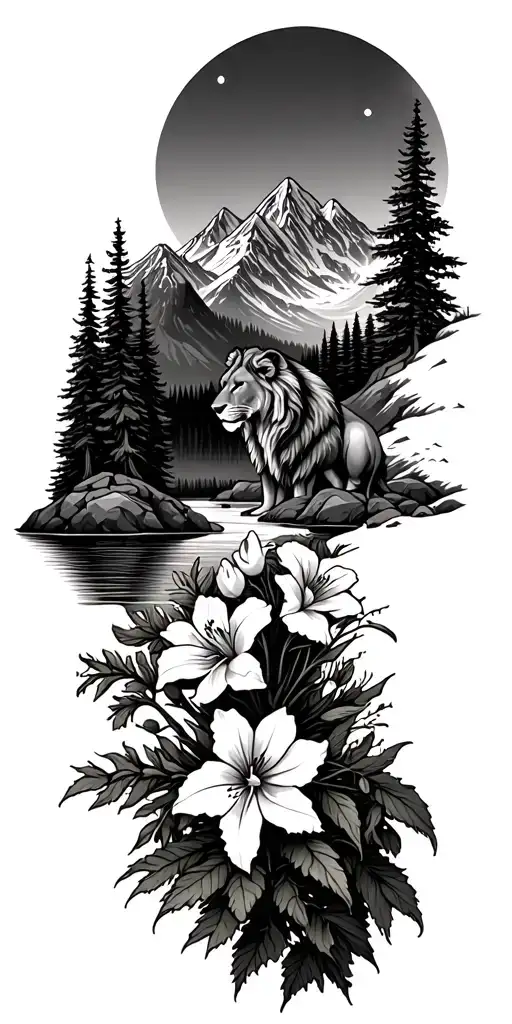 slightly snow capped mountains background with rocky mountain columbine flowers, a river and pine trees, moon with lion  tattoo design idea