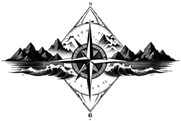 large compass surrounded by intricate geometric mountains and crashing waves, black and white, triangle frame tattoo design idea