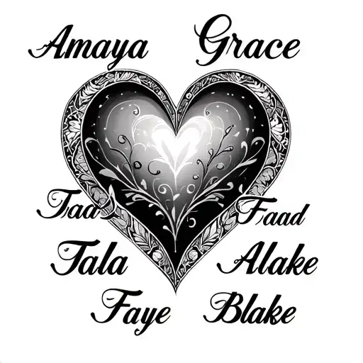 Write the names Amaya Grace Tala Faye Alon Blake and shape these names into an outline of a heart tattoo design idea