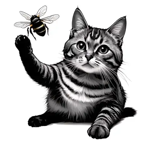 A cat sitting with a paw stretched out for a bumblebee tattoo design idea