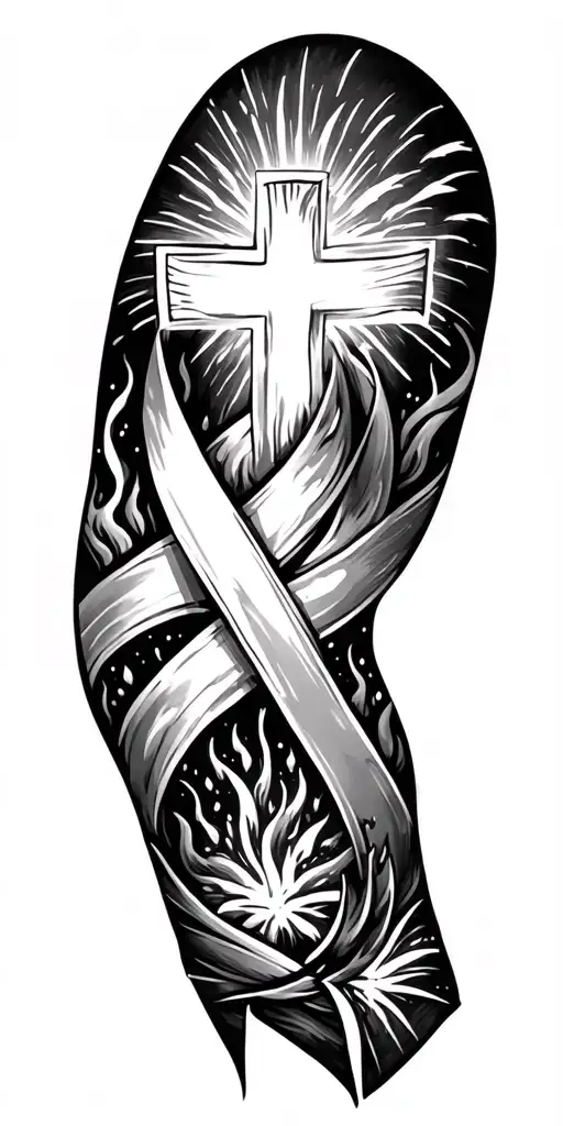 cross wrapped with breast cancer ribbon with fire works down the arm tattoo design idea