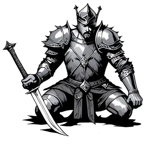 warrior knight king kneeling on one knee with sword in hand tattoo design idea