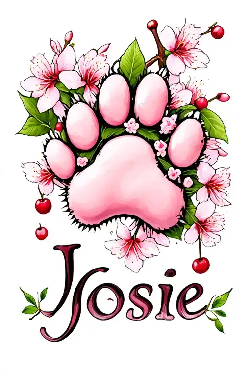 Dog paw with cherry blossoms and the name Josie underneath should not be on the under arm no more than 14 petals tattoo design idea