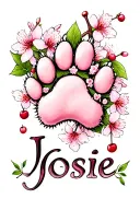 Dog paw with cherry blossoms and the name Josie underneath should not be on the under arm no more than 14 petals tattoo design idea