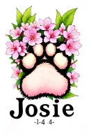 Dog paw with cherry blossoms and the name Josie underneath should not be on the under arm no more than 14 petals tattoo design idea
