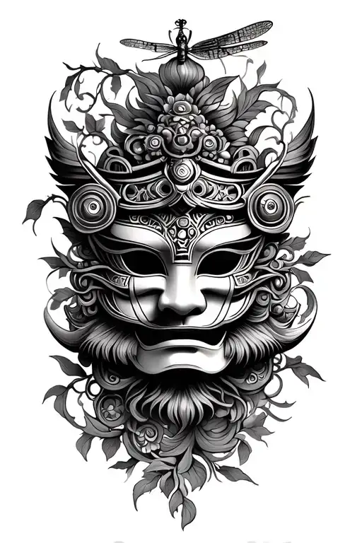 balinese steampunk inspired tattoo design, with barong mask, dragonfly and vines tattoo design idea