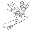 I want you to draw me Tinker Bell, a Peter Pan character holding a surfboard, make it as simple as possible tattoo design idea