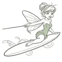 I want you to draw me Tinker Bell, a Peter Pan character holding a surfboard, make it as simple as possible tattoo design idea