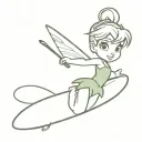 I want you to draw me Tinker Bell, a Peter Pan character holding a surfboard, make it as simple as possible tattoo design idea