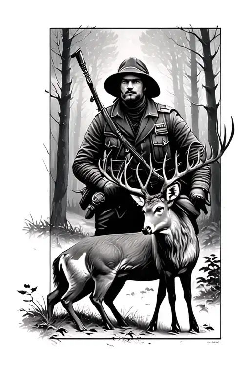 In front plan a German robber. in the background a deer in front of the forest tattoo design idea