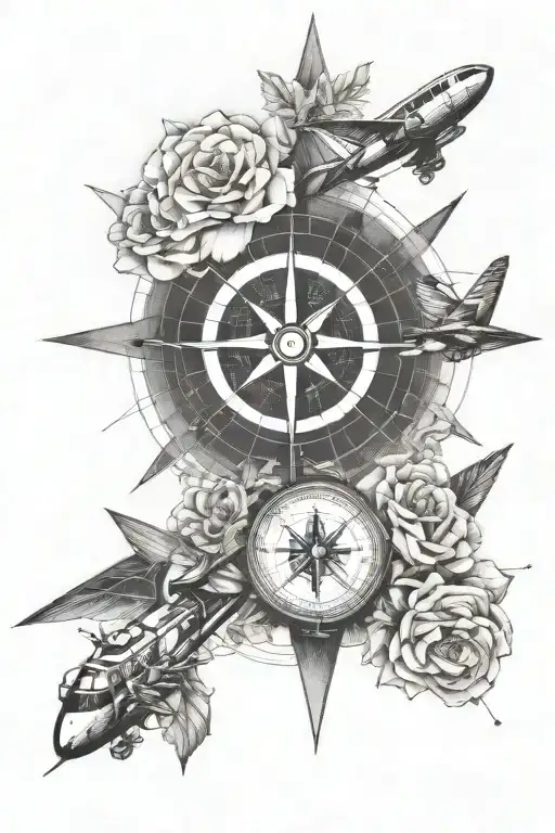 plane travel world grid lines flowers compass tattoo design idea