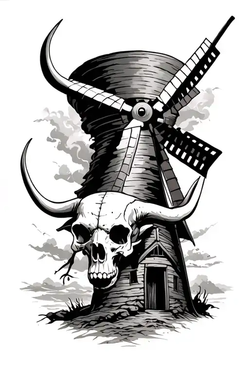 tornado and longhorn skull and windmill tattoo design idea