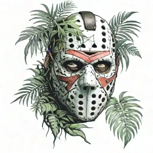 Jason mask surrounded by jungle leaves. very detailed. tattoo design idea