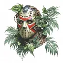 Jason mask surrounded by jungle leaves. very detailed. tattoo design idea