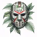 Jason mask surrounded by jungle leaves. very detailed. tattoo design idea