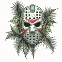 Jason mask surrounded by jungle leaves. very detailed. tattoo design idea